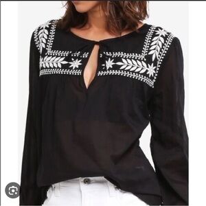 J. Crew Black Blouse with White Embroidery